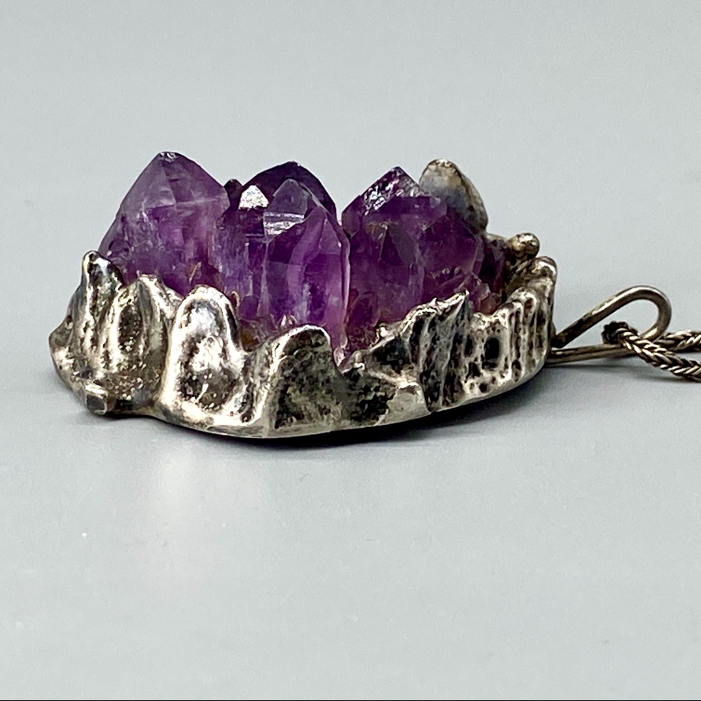 Amethyst Brutalist Silver Pendant Necklace